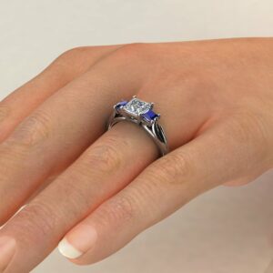 Split Shank 3 Stone Moissanite Princess Cut Engagement Ring Blue Sappires