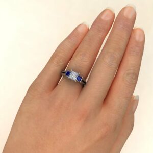 Split Shank 3 Stone Moissanite Princess Cut Engagement Ring Blue Sappires
