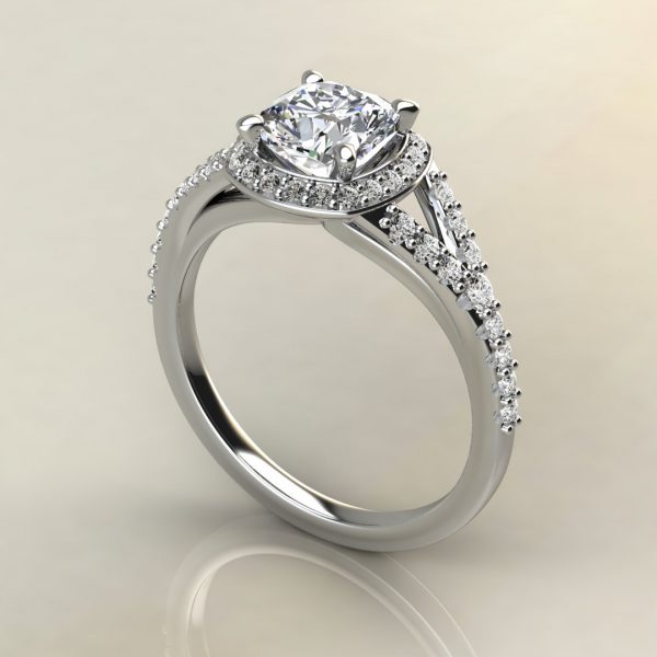 C013 White Gold Split Shank Halo Cushion Cut Engagement Ring