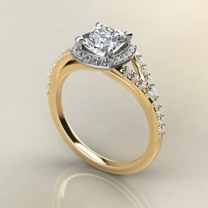 C013 Yellow Gold Split Shank Halo Cushion Cut Engagement Ring