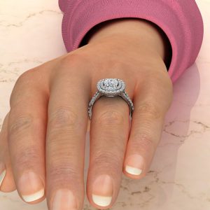 Double Halo Split Shank Cushion Cut Moissanite Engagement Ring