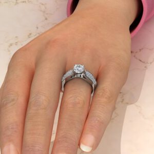 C027 White Gold Wide Band Three Row Cushion Cut Engagement Ring (4)