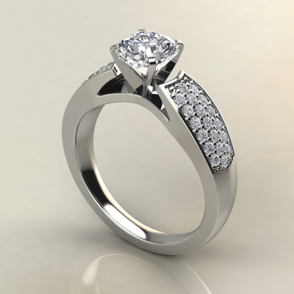 C027 White Gold Wide Band Three Row Cushion Cut Engagement Ring