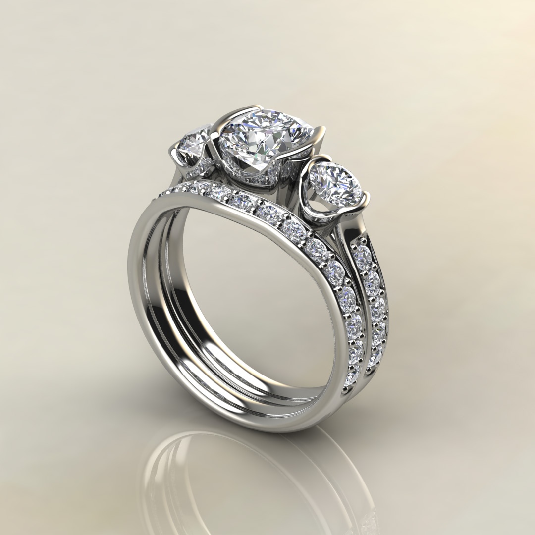 Three Stone Half Bezel Cushion Cut Moissanite Engagement Ring - Yalish ...