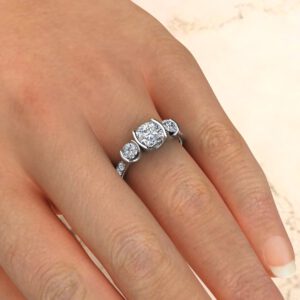 Three Stone Half Bezel Cushion Cut Moissanite Engagement Ring