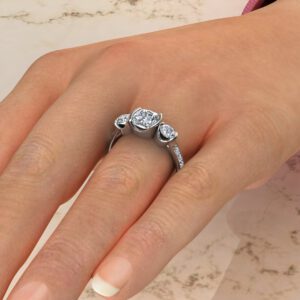 Three Stone Half Bezel Cushion Cut Moissanite Engagement Ring