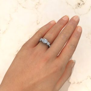 Three Stone Half Bezel Cushion Cut Swarovski Engagement Ring