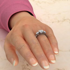 Three Stone Half Bezel Cushion Cut Moissanite Engagement Ring