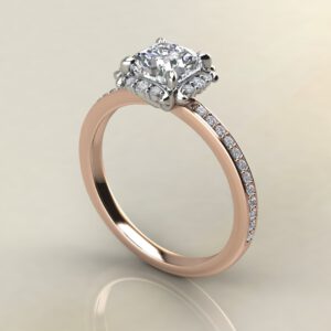 C035 Rose Gold Floral Halo Cushion Cut Engagement Ring