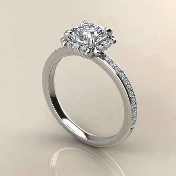 C035 White Gold Floral Halo Cushion Cut Engagement Ring
