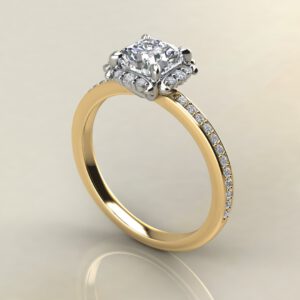 C035 Yellow Gold Floral Halo Cushion Cut Engagement Ring