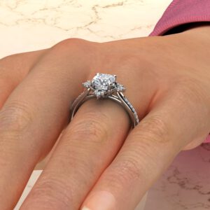 C036 White Gold Vintage Halo Cushion Cut Cathedral Engagement Ring (5)