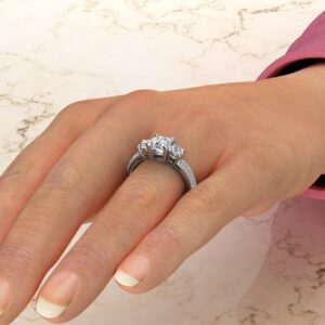 Three Stone Micro Pave Cushion Cut Moissanite Engagement Ring