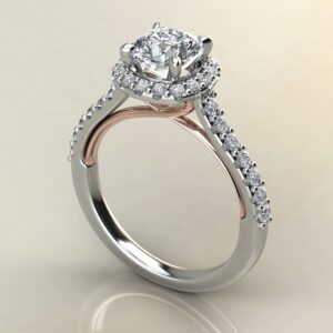C041 White & Rose Gold Heart Two-Tone Halo Cushion Cut Engagement Ring