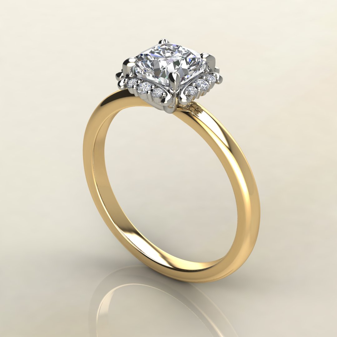 CS035 Yellow Gold Floral Halo Cushion Cut Solitaire Engagement Ring