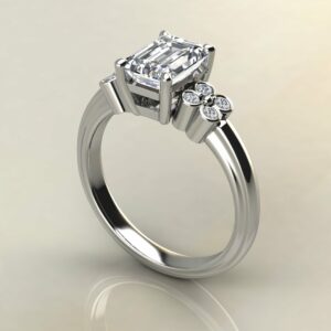 E104 White Gold Emerald Cut Flower Band Engagement Ring