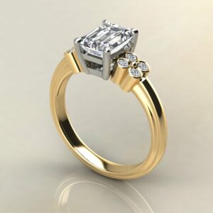E104 Yellow Gold Emerald Cut Flower Band Engagement Ring