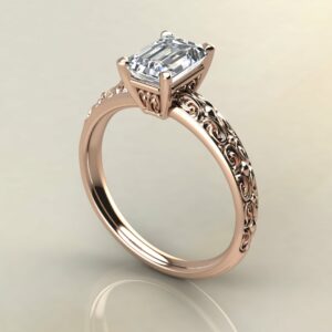 E105 Rose Gold Emerald Cut Vintage Engraved Engagement Ring