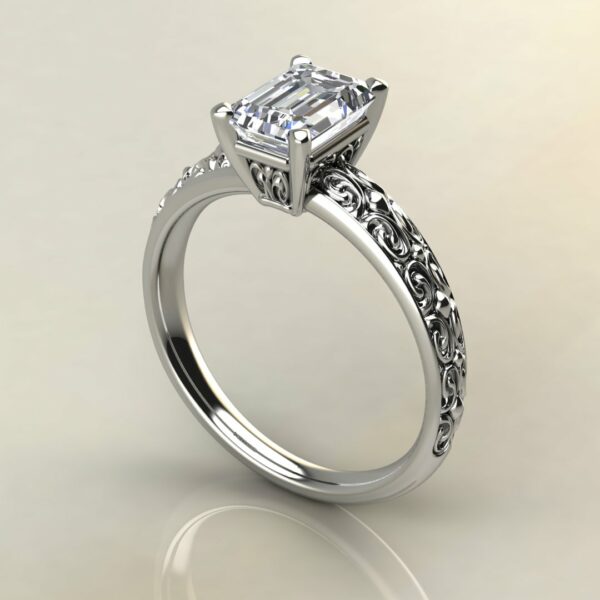 E105 White Gold Emerald Cut Vintage Engraved Engagement Ring