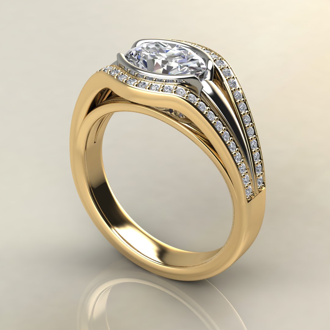 Moissanite Two-Tone Half Bezel Oval Cut Engagement Ring - Yalish Diamonds