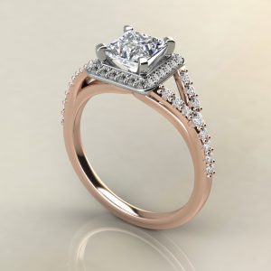 P013 Rose Gold Split Shank Halo Princess Cut Engagement Ring