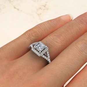 Split Shank Halo Princess Cut Moissanite Engagement Ring