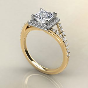P013 Yellow Gold Split Shank Halo Princess Cut Engagement Ring