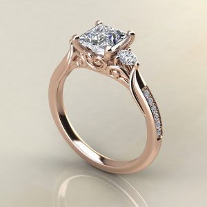 P016 Rose Gold Vintage 3 Stone Princess Cut Engagement Ring