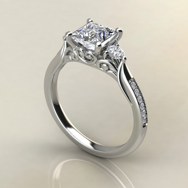 P016 White Gold Vintage 3 Stone Princess Cut Engagement Ring