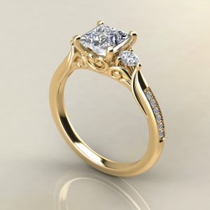 P016 Yellow Gold Vintage 3 Stone Princess Cut Engagement Ring