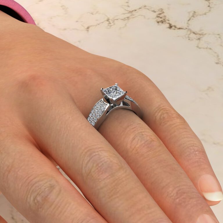 Wide Band Three Row Princess Cut Moissanite Engagement Ring Yalish