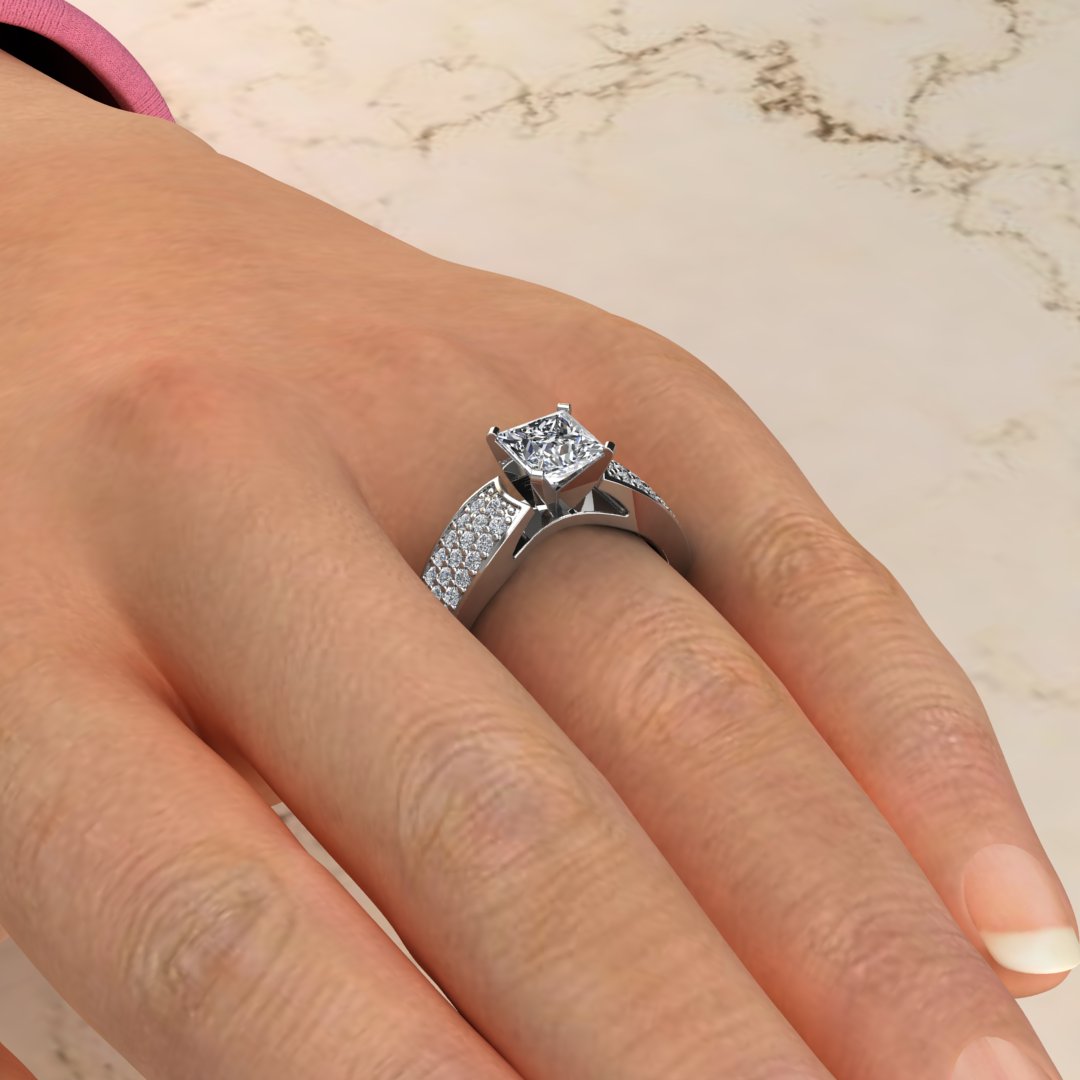 Wide Band Three Row Princess Cut Moissanite Engagement Ring Yalish Diamonds 9727