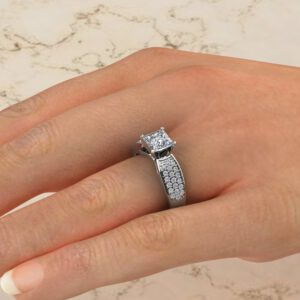 Wide Band Three Row Princess Cut Moissanite Engagement Ring