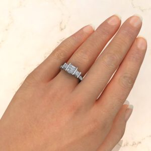 Three Stone Half Bezel Princess Cut Moissanite Engagement Ring
