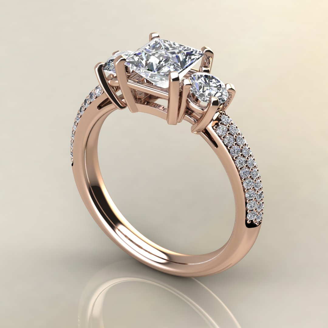 Three Stone Micro Pave Princess Cut Moissanite Engagement Ring - Yalish ...
