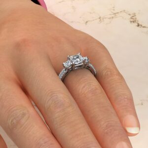 Three Stone Micro Pave Princess Cut Moissanite Engagement Ring