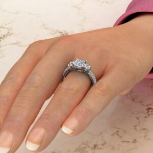 Three Stone Micro Pave Princess Cut Moissanite Engagement Ring