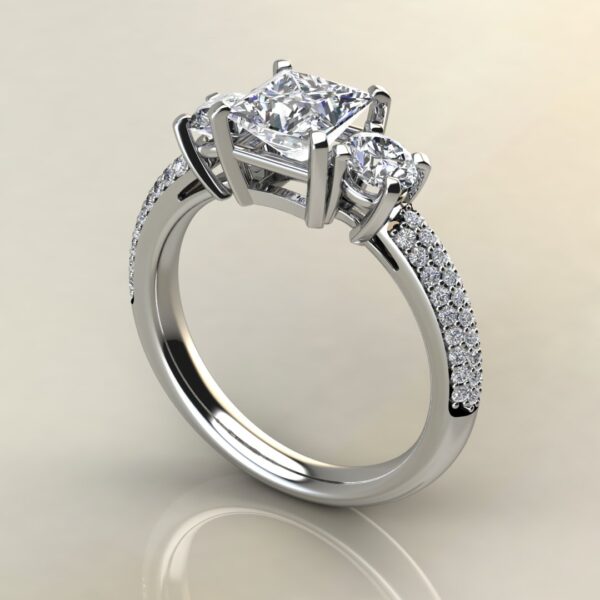 P040 White Gold Three Stone Micro Pave Princess Cut Engagement Ring