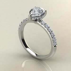 P048 White Gold Pear Cut Hidden Halo Shared Prong Engagement Ring