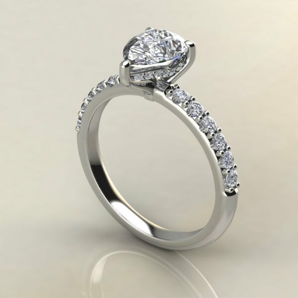 P048 White Gold Pear Cut Hidden Halo Shared Prong Engagement Ring