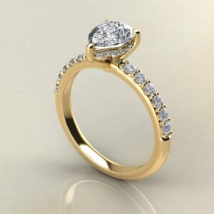 P048 Yellow Gold Pear Cut Hidden Halo Shared Prong Engagement Ring