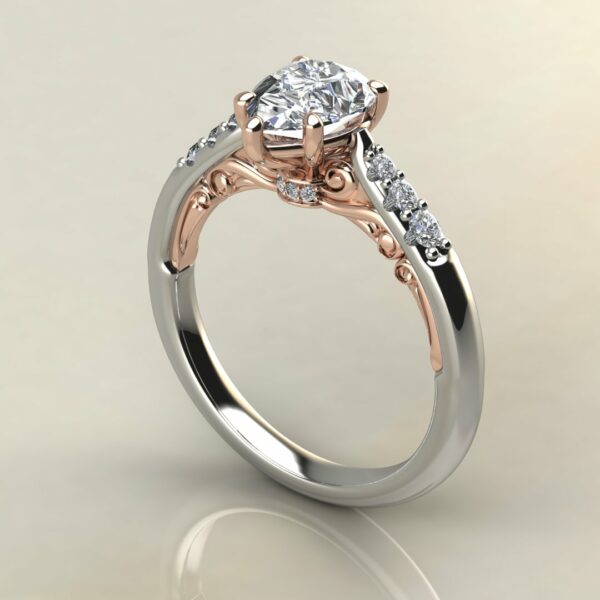 P062 White Gold Pear Cut Two-Tone Engraved Engagement Ring