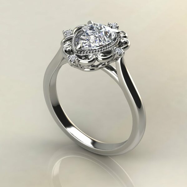 P064 White Gold Pear Cut Vintage Halo Engagement Ring