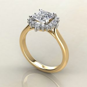 PS014 Yellow Gold Graduated Cathedral Halo Princess Cut Engagement Ring