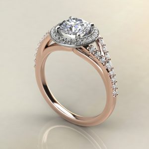 R013 Rose Gold Split Shank Halo Round Cut Engagement Ring