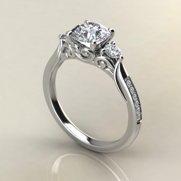 R016 White Gold Vintage 3 Stone Round Cut Engagement Ring