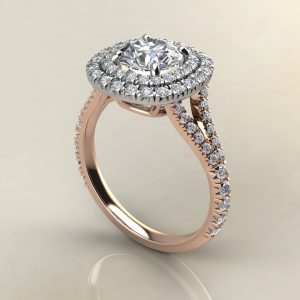 R025 Rose Gold Double Halo Split Shank Round Cut Engagement Ring