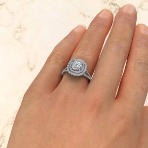 Double Halo Split Shank Round Cut Moissanite Engagement Ring