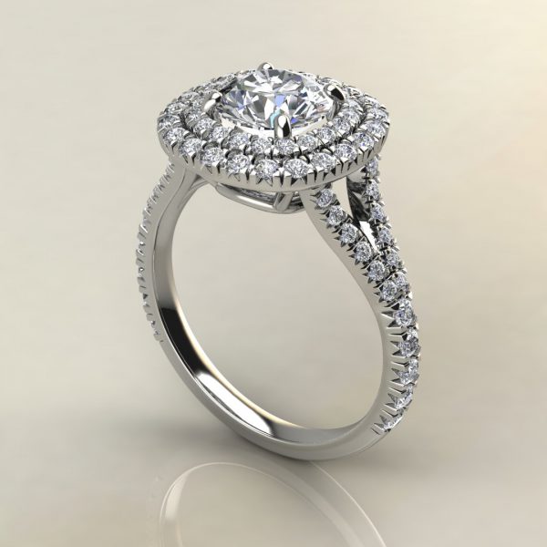 R025 White Gold Double Halo Split Shank Round Cut Engagement Ring