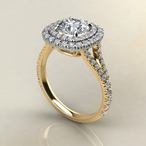 R025 Yellow Gold Double Halo Split Shank Round Cut Engagement Ring
